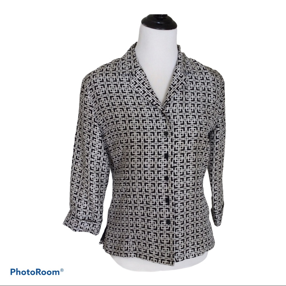 Vintage Y2K Black & White Silk Geometric Print Blouse | Jacket S